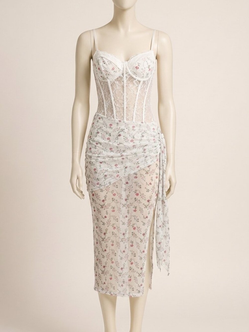ChicCurve White Floral Lace Corset Maxi Dress Spaghetti Strap Size M